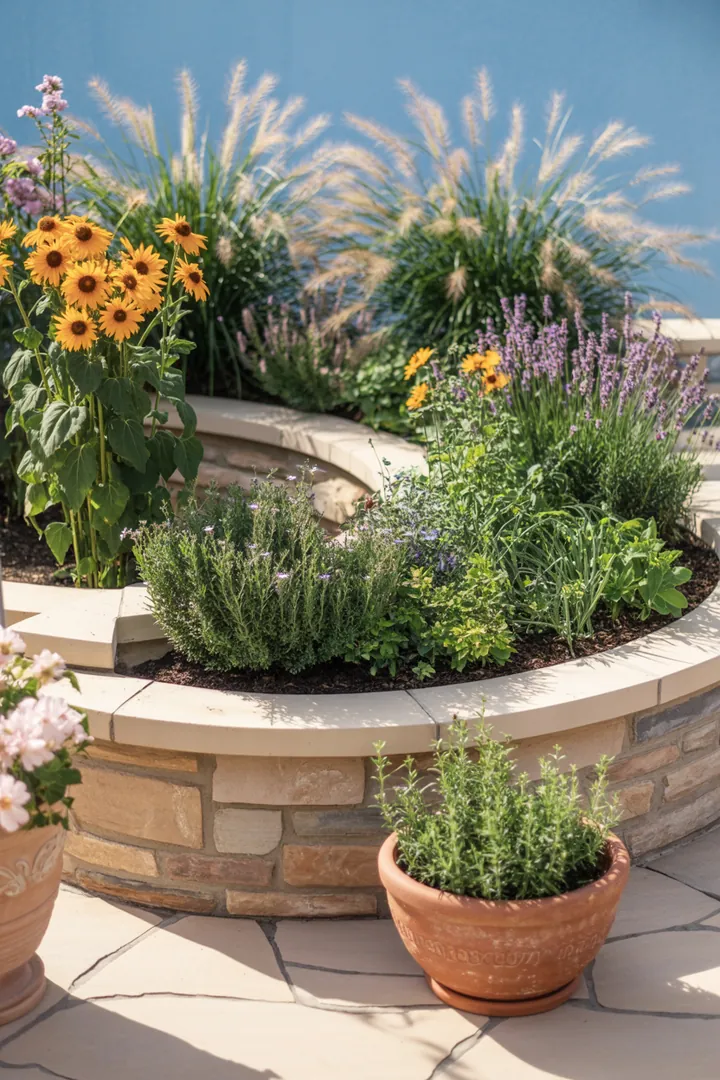 Eine harmonische Gartenlandschaft mit stilvollen Randsteinen, umrahmt von bunten Stauden und Gräsern, ergänzt durch dekorative Pflanzkübel und schützendes Unkrautvlies.