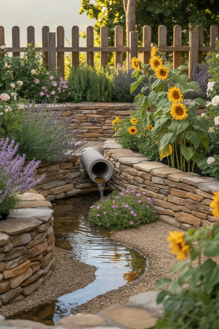 Eine harmonische Gartenlandschaft mit eleganten Randsteinen, stabilen Palisaden, robusten Trockenmauersteinen, einem strategisch platzierten Drainagerohr, feinem Splitt und stilvollen Stufenplatten.