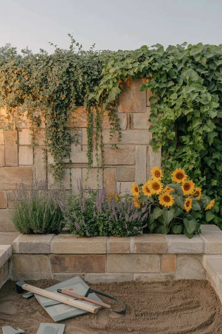 Ein ansprechendes Gartenarrangement mit dekorativen Pflanzkübeln, umgeben von Mauersteinen, Abdeckplatten und eleganten Kletterpflanzen, ergänzt durch Drainagematerial und einen Fugenkratzer.