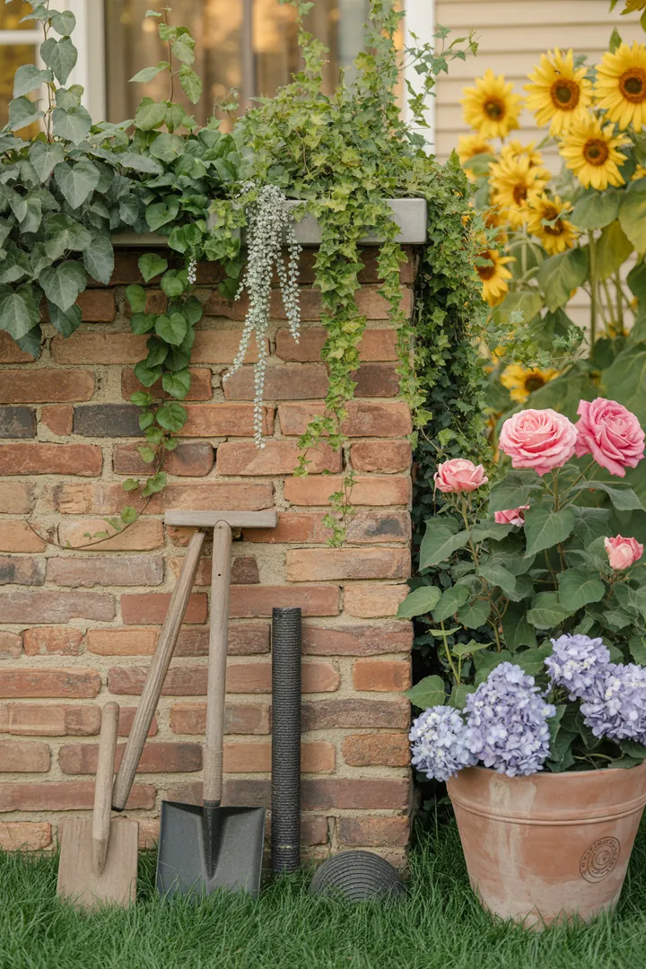 Bunte Mauersteine bilden eine strukturierte Gartenlandschaft, ergänzt durch Abdeckplatten, während Kletterpflanzen lebendig aus Pflanzkübeln sprießen; Drainagematerial sorgt für optimale Wachstumsbedingungen, und ein Fugenkratzer liegt bereit.