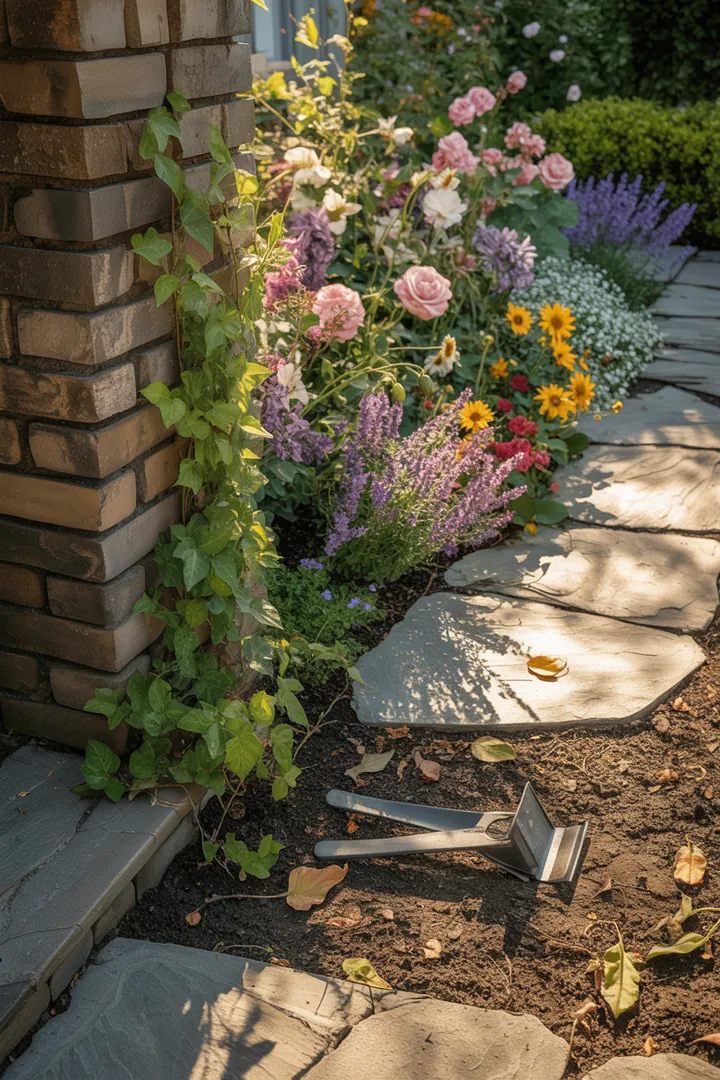 Ein kreatives Gartendesign mit robusten Mauersteinen, stabilen Abdeckplatten, blühenden Kletterpflanzen und dekorativen Pflanzkübeln, ergänzt durch Drainagematerial und einen Fugenkratzer für die Pflege.