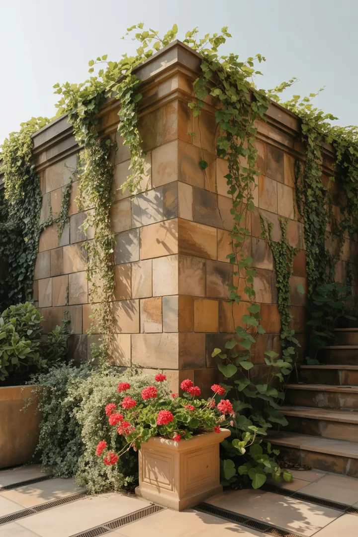 Ein ansprechendes Gartenarrangement mit robusten Mauersteinen, eleganten Abdeckplatten, üppigen Kletterpflanzen, stilvollen Pflanzkübeln und praktischem Drainagematerial, ergänzt durch einen Fugenkratzer für Pflegearbeiten.