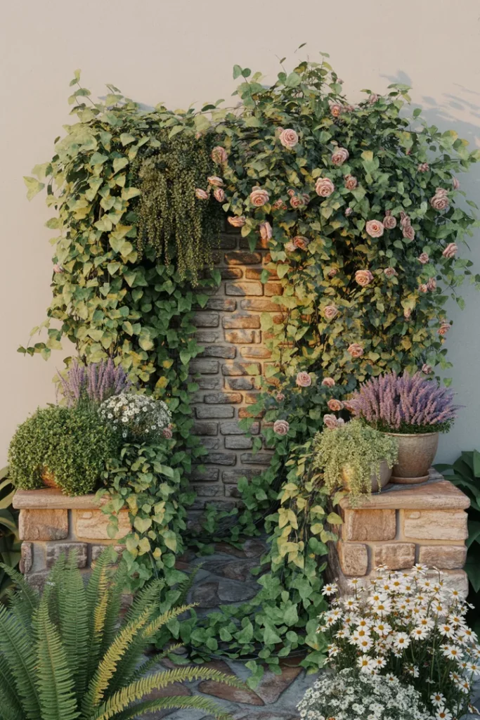 Ein gestalteter Gartenbereich mit robusten Mauersteinen, eleganten Abdeckplatten, üppigen Kletterpflanzen und dekorativen Pflanzkübeln, umgeben von nützlichem Drainagematerial und einem Fugenkratzer.