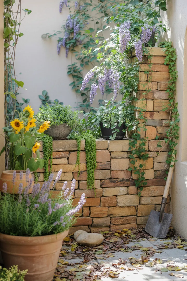 Ein kreatives Gartendesign mit Mauersteinen, eleganten Abdeckplatten, üppigen Kletterpflanzen, stilvollen Pflanzkübeln und nützlichem Drainagematerial, ergänzt durch einen praktischen Fugenkratzer.