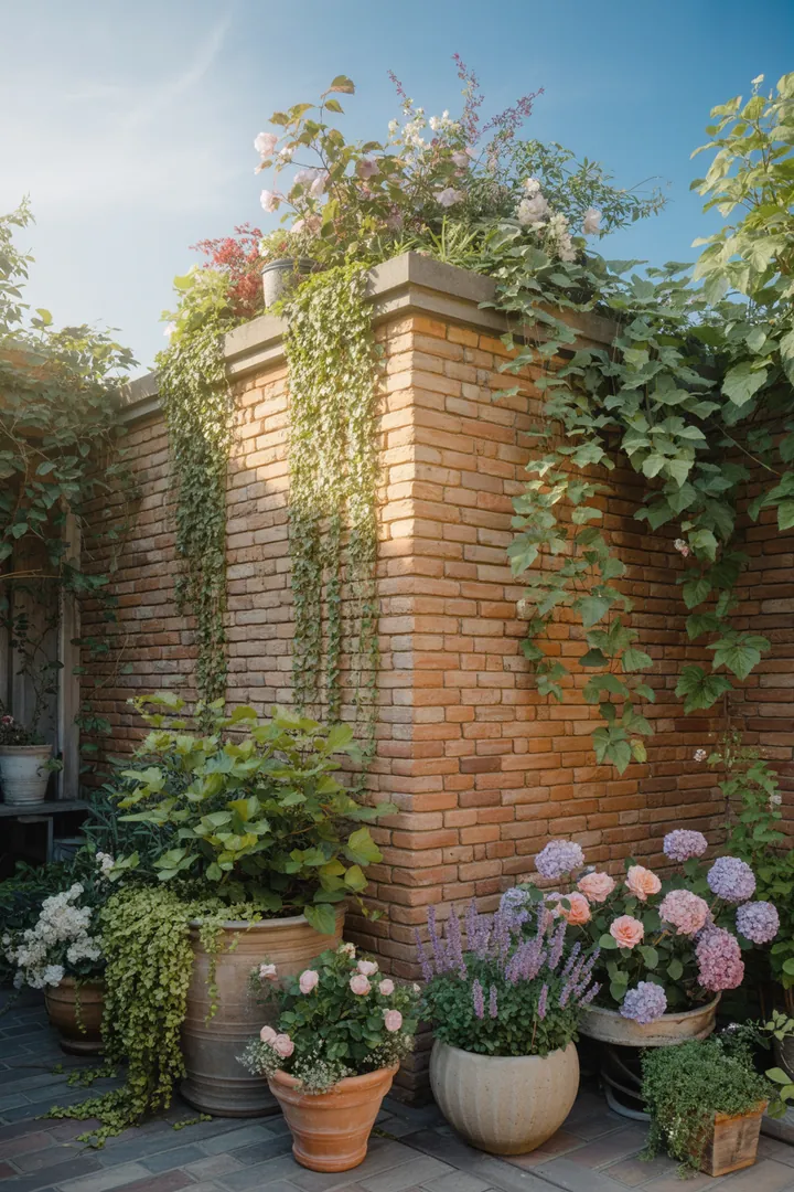 Ein ansprechend gestalteter Außenbereich mit stabilen Mauersteinen, eleganten Abdeckplatten, üppigen Kletterpflanzen, dekorativen Pflanzkübeln und hochwertigem Drainagematerial, um die Gartenpflege zu erleichtern.