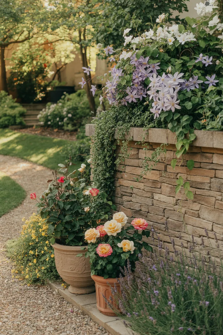 Ein stilvoll gestalteter Außenbereich mit stabilen Mauersteinen, eleganten Abdeckplatten, bunten Kletterpflanzen, dekorativen Pflanzkübeln und praktischem Drainagematerial, ergänzt durch einen Fugenkratzer für die Pflege.