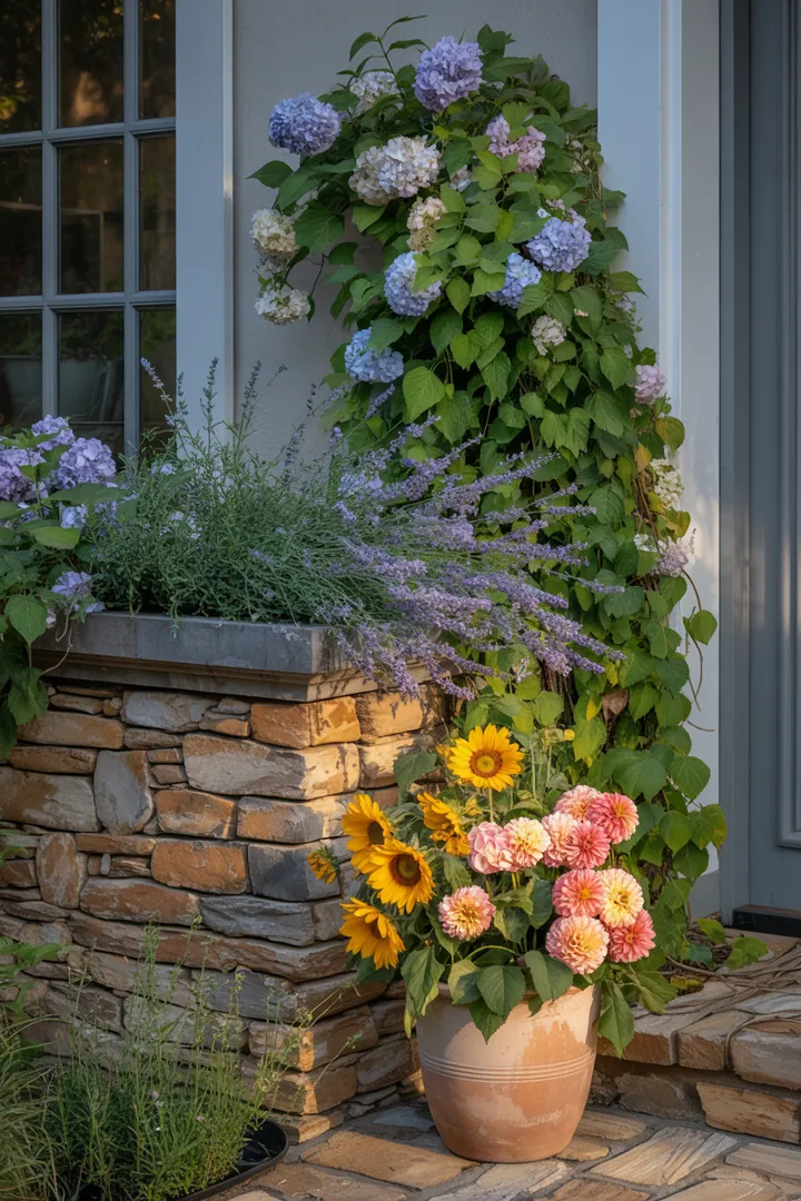 Ein Gartenbereich mit stabilen Mauersteinen, eleganten Abdeckplatten, üppigen Kletterpflanzen und dekorativen Pflanzkübeln, umgeben von nützlichem Drainagematerial und einem praktischen Fugenkratzer.