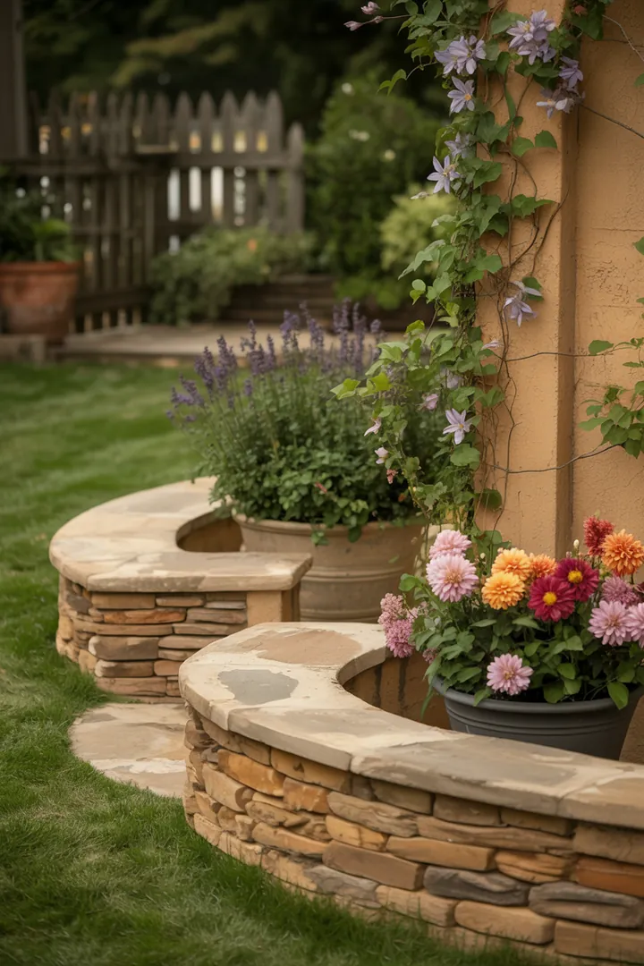 Ein Gartenbereich mit strukturierten Mauersteinen, eleganten Abdeckplatten, üppigen Kletterpflanzen und stilvollen Pflanzkübeln, ergänzt durch nützliches Drainagematerial und einen praktischen Fugenkratzer.