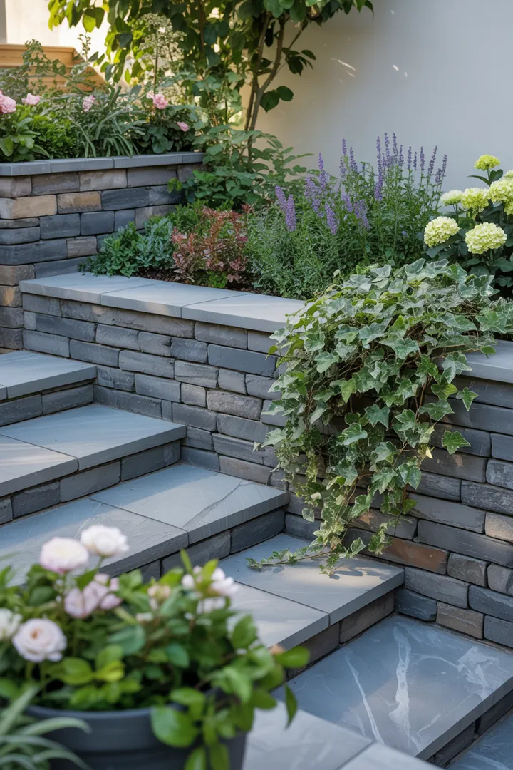 Ein ansprechendes Gartenlayout mit stabilen Mauersteinen, dekorativen Abdeckplatten, üppigen Kletterpflanzen in Pflanzkübeln sowie praktischem Drainagematerial und einem Fugenkratzer für die Pflege.