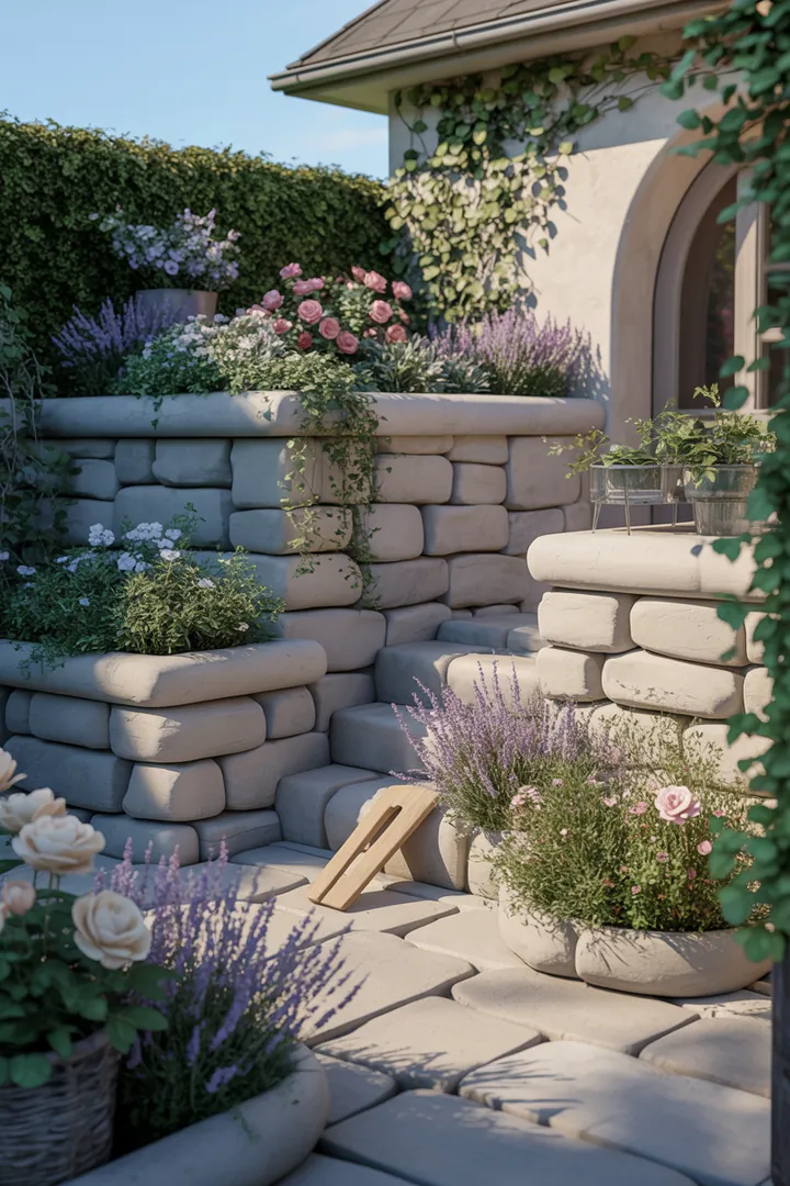 Bild zeigt eine kreative Gartengestaltung mit stabilen Mauersteinen, eleganten Abdeckplatten, üppigen Kletterpflanzen und dekorativen Pflanzkübeln, umgeben von nützlichem Drainagematerial und einem Fugenkratzer für die Pflege.