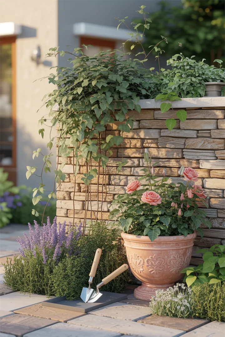 Eine harmonische Gartenlandschaft mit robusten Mauersteinen, dekorativen Abdeckplatten, üppigen Kletterpflanzen, stilvollen Pflanzkübeln und praktischem Drainagematerial, ergänzt durch einen Fugenkratzer für die Pflege.