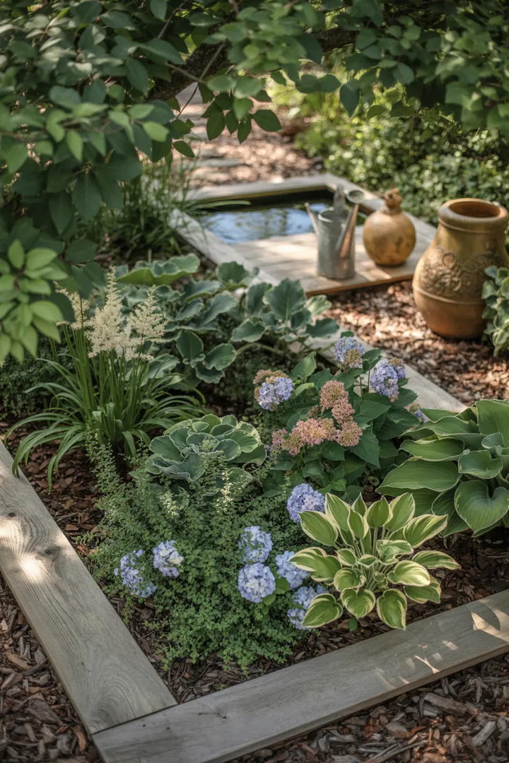 Eine farbenfrohe Gartenlandschaft mit üppigen Halbschattenstauden und blühenden Hortensien, umgeben von einer dekorativen Beeteinfassung, zeigt eine gesunde Erde mit Mulch und effizienten Bewässerungssystemen zur Bodenverbesserung.