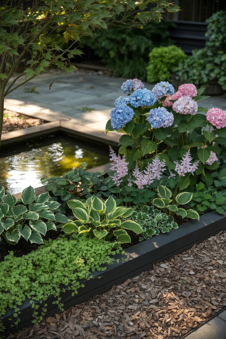 "Üppige Pflanzen mit bunten Blüten, umgeben von pflegendem Mulch und einer attraktiven Beeteinfassung, schaffen einen lebendigen Garten mit idealer Bewässerung."