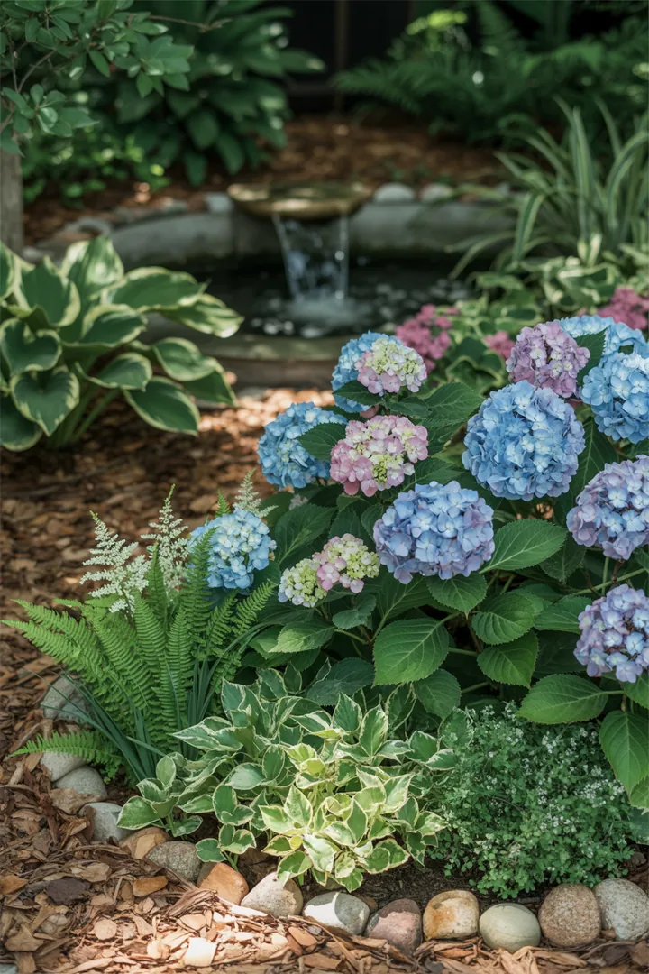 Verschiedene Pflanzen in einem blühenden Garten, darunter üppige Sträucher, umgeben von Mulch und einer natürlichen Beeteinfassung, ideal für Halbschatten.