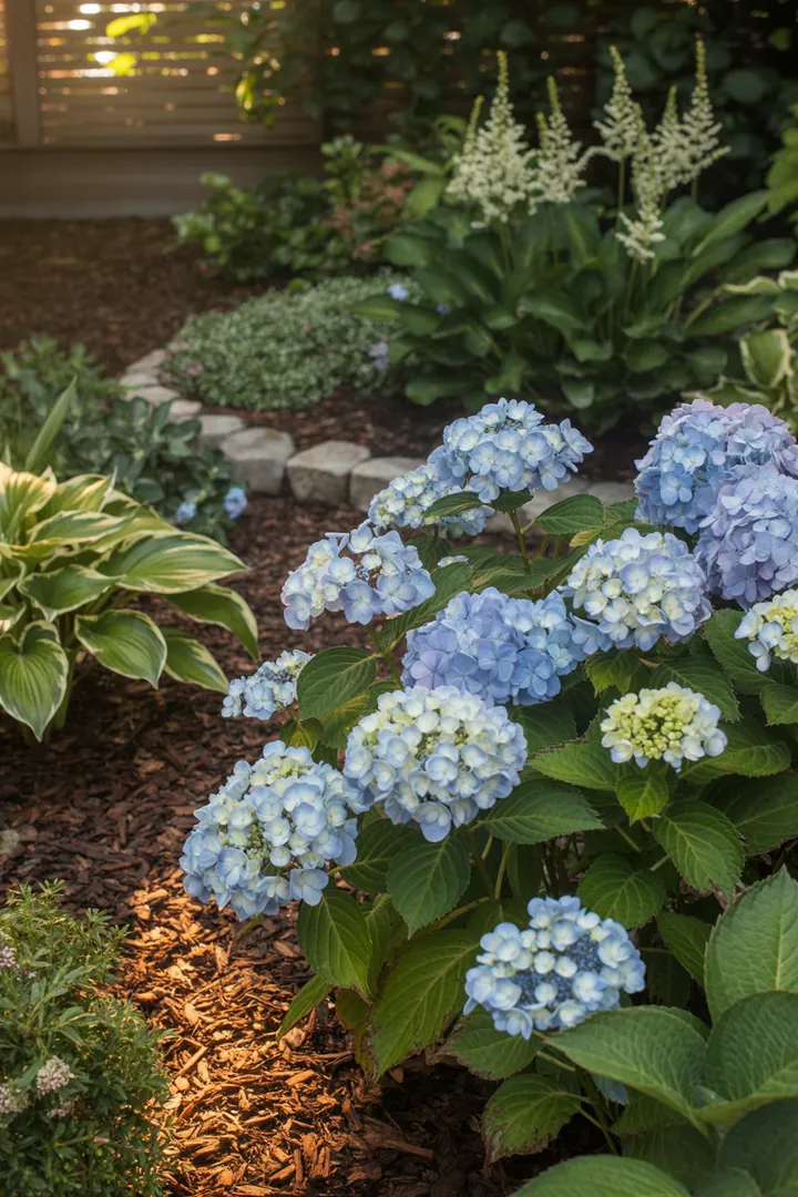 Bunte Blumenbeete mit Halbschattenstauden und Hortensien, umgeben von Mulch und einer natürlichen Beeteinfassung, ideal für eine nachhaltige Bewässerung und Bodenverbesserung.
