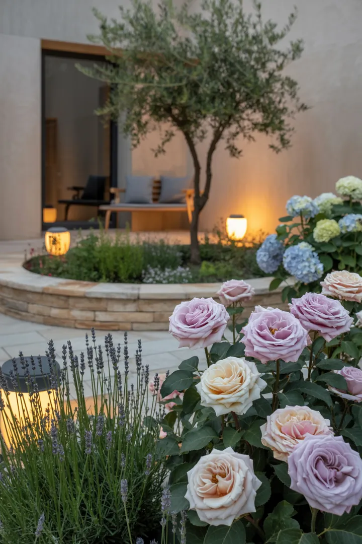 Ein blühendes Gartenparadies mit üppigen Pflanzen, eleganter Beeteinfassung, einer einladenden Sitzgelegenheit und sanfter Beleuchtung durch Solarlampen.