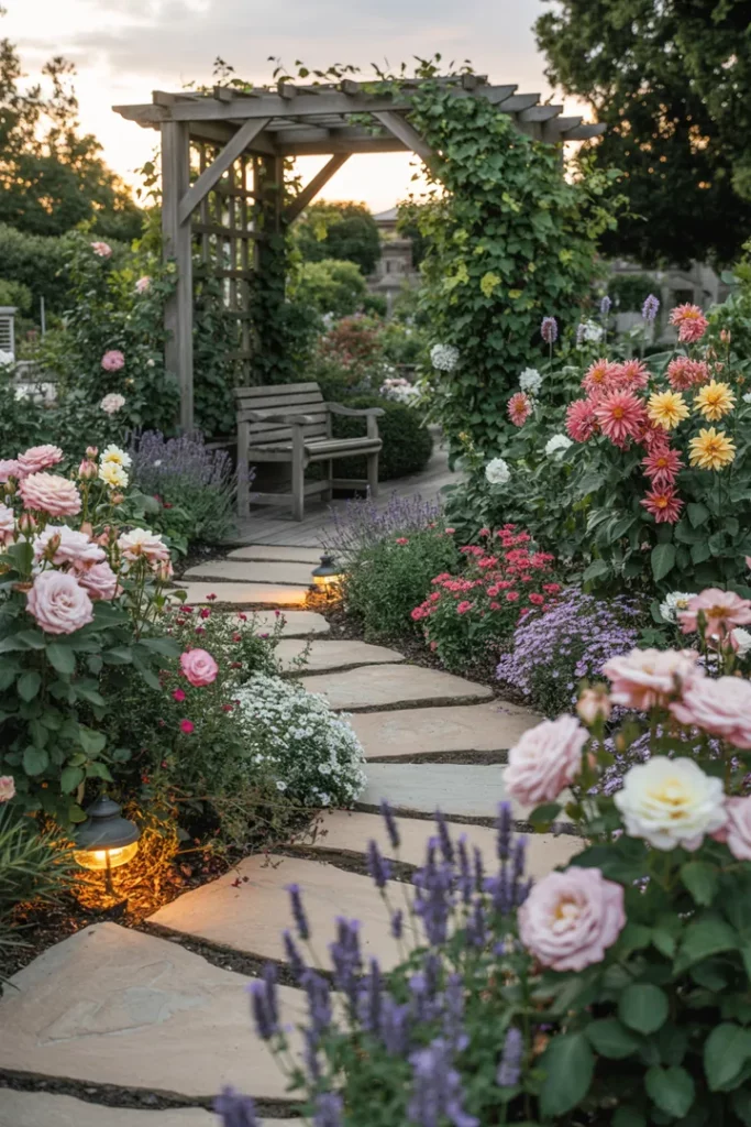 Ein romantischer Garten mit blühenden Pflanzen, einer eleganten Sitzgelegenheit und sanft leuchtenden Lichtquellen, umrahmt von einer dekorativen Struktur für Klettergewächse.