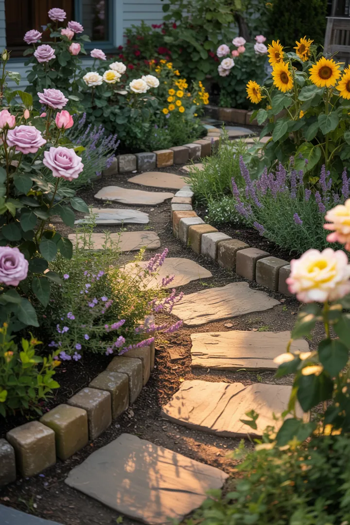 Ein gepflegter Gartenweg aus verschiedenen Materialien, darunter grobe Steine, flache Platten und elegante Abgrenzungen, umgeben von einer Unkrautbarriere und praktischen Werkzeugen für die Gestaltung.