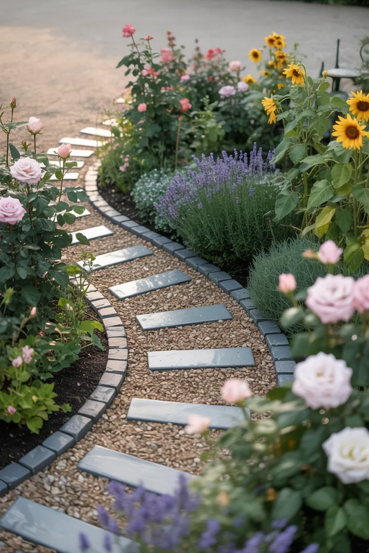 Eine harmonische Gartengestaltung mit verschiedenen Materialien, darunter dekorative Pflastersteine, natürlicher Wegekies, stilvolle Trittplatten und praktische Randsteine, ergänzt durch Unkrautvlies und Rüttelplatte-Zubehör für optimale Ergebnisse.