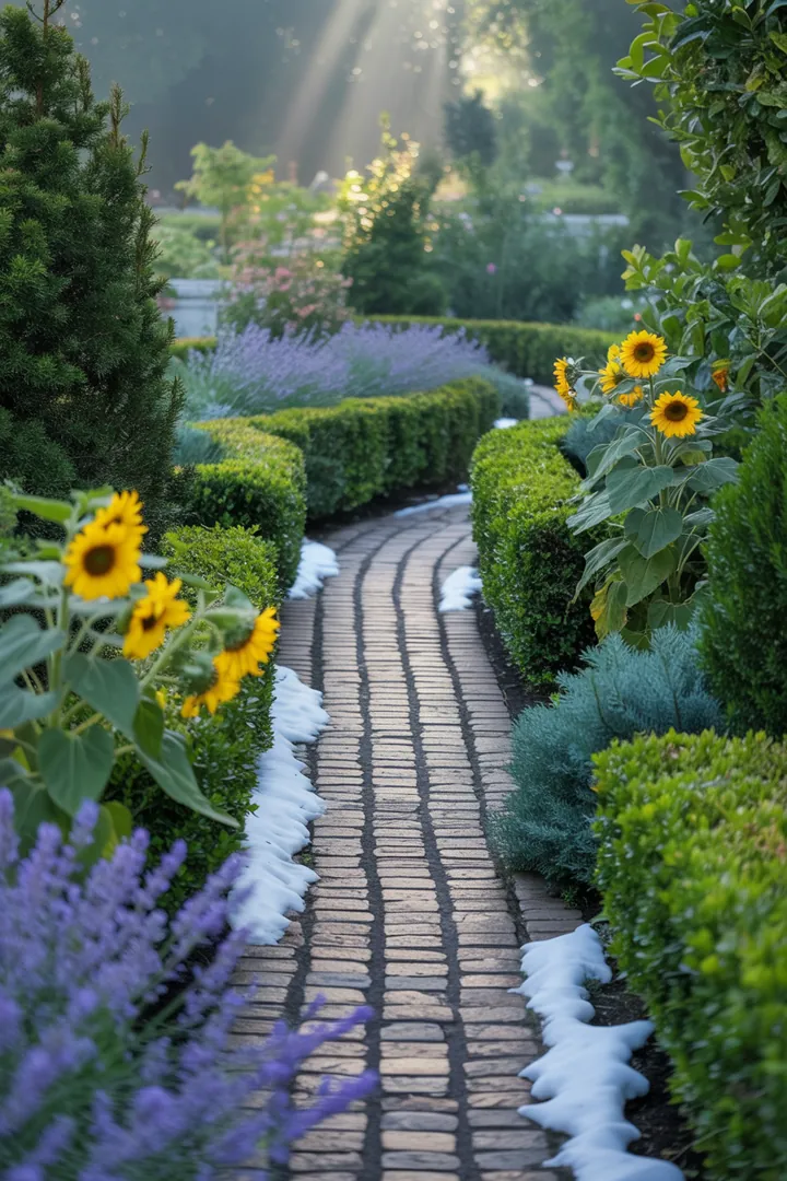 Vielseitige Gartenlandschaft mit verschiedenen Bodenbelägen, darunter strukturierte Steine, dekorativer Kies und robuste Platten, umgeben von praktischen Randsteinen und einem Unkrautvlies für optimale Pflege. Ideal für kreative Außenbereiche mit Rüttelplatte-Zubehör.