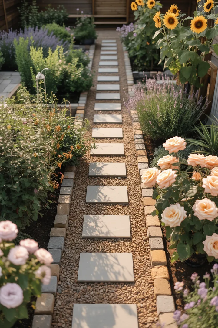 Gestaltete Außenfläche mit verschiedenen Materialien wie Pflastersteinen, Wegekies und Trittplatten, umrahmt von Randsteinen und Unkrautvlies, ideal für Gartenprojekte und Rüttelplatte-Zubehör.