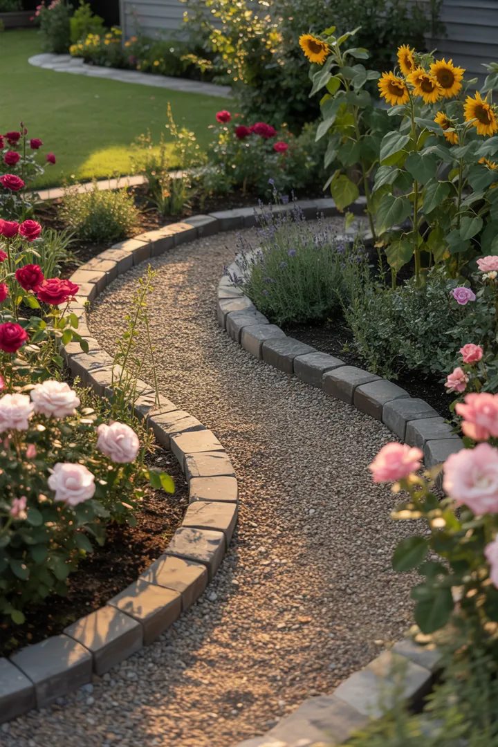 Eine ansprechende Gartenlandschaft mit verschiedenen Materialien, darunter dekorative Steine, robuste Platten und nützliche Zubehörteile für die Gestaltung von Wegen und Terrassen.