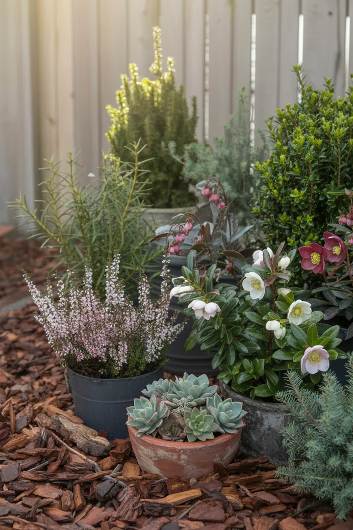 Ein dekorativer Pflanzkübel mit immergrünen Pflanzen und Winterheide, umgeben von Rindenmulch und geschützt durch Frostschutzvlies, ideal für die kalte Jahreszeit.