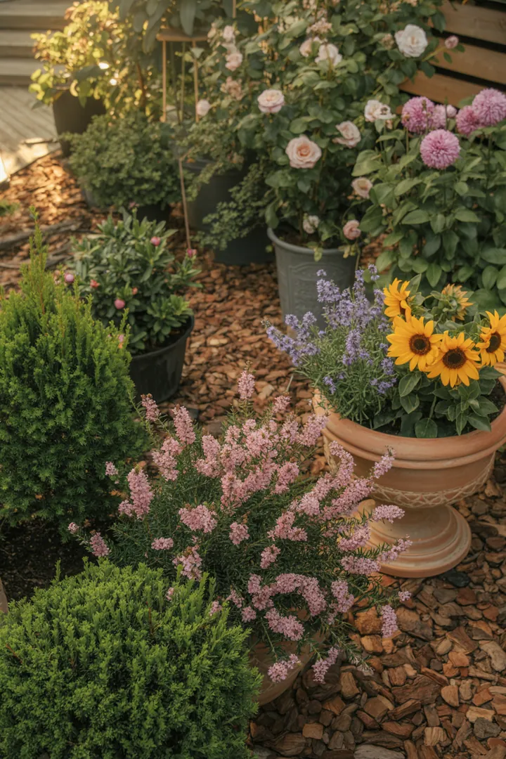 "Ein bepflanzter Kübel mit grünen Sträuchern, umgeben von schützendem Material, das den Wurzeln in der kalten Jahreszeit Halt bietet."