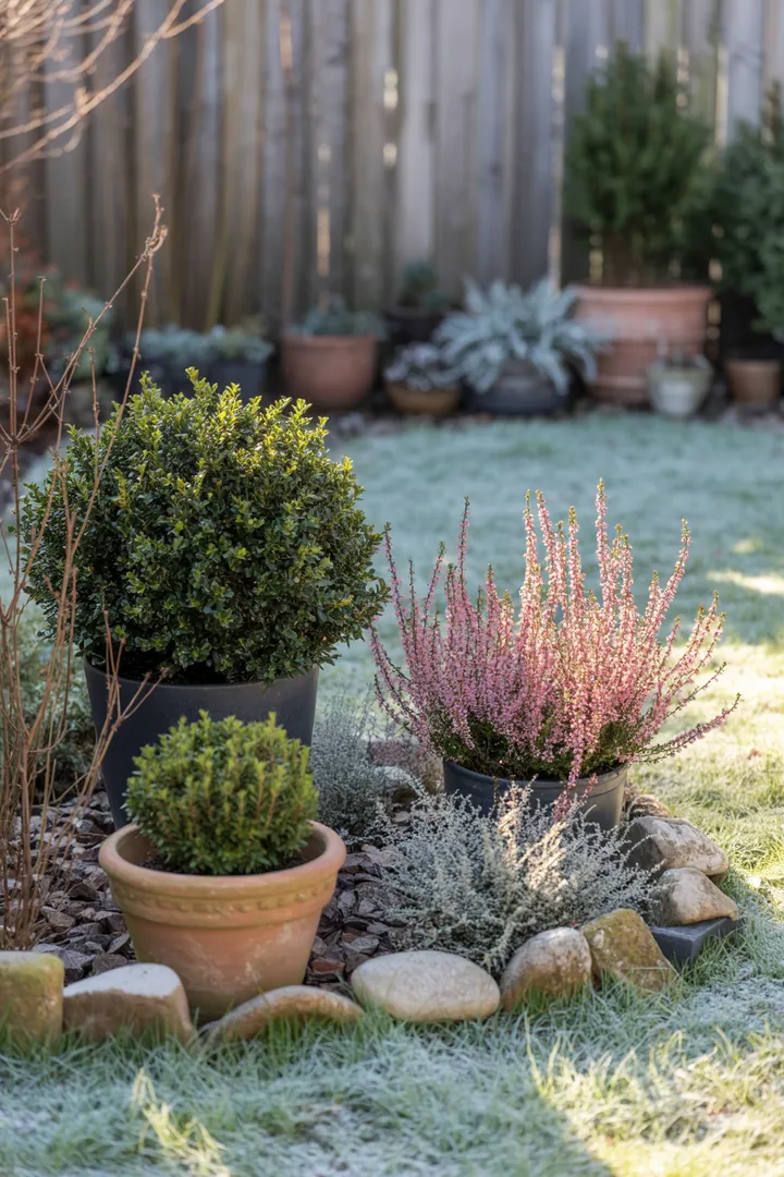 Eine stilvolle Pflanzkübel-Dekoration mit immergrünen Pflanzen und Winterheide, umgeben von schützendem Rindenmulch und Frostschutzvlies für den Winter.