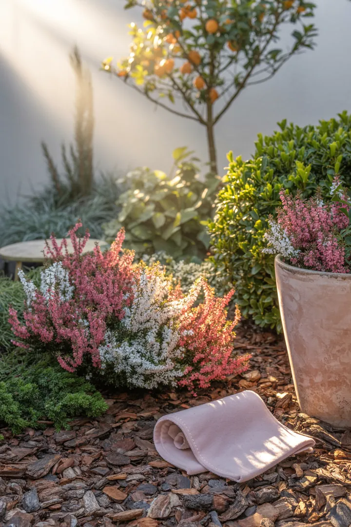 Ein dekorativer Pflanzkübel mit winterharten Pflanzen, umgeben von Rindenmulch und schützendem Vlies gegen Kälte. Immergrüne und Winterheide sorgen für farbenfrohe Akzente im Garten.