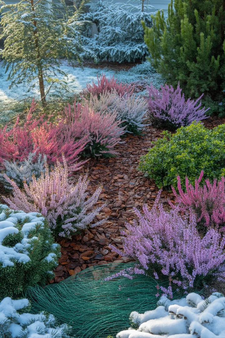 Ein bepflanzter Kübel mit strahlenden, wintergrünen Pflanzen, umgeben von schützendem Rindenmulch und Frostschutzvlies für den Garten.