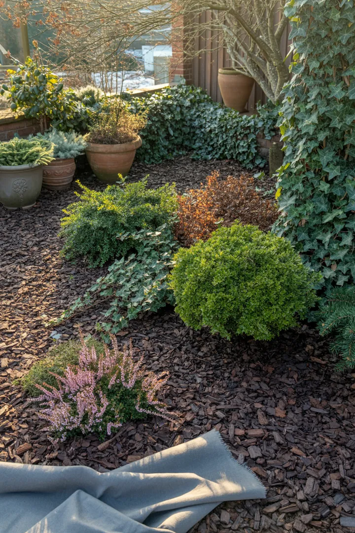 „Grüne Pflanzen in einem dekorativen Behälter, umgeben von natürlichem Mulch, bieten auch in der kalten Jahreszeit Schutz und Schönheit.“
