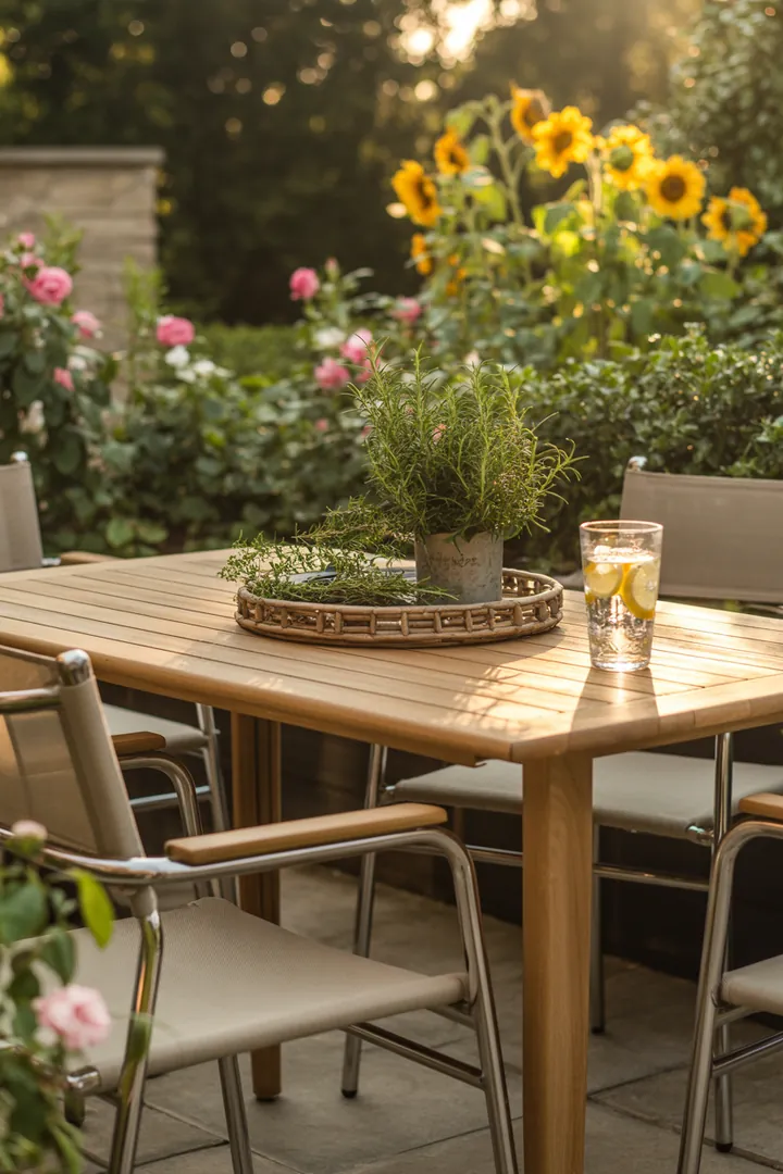 Elegante Gartenmöbel mit zeitgemäßem Stil, die harmonisch in die Natur integriert sind und aktuelle Designtrends widerspiegeln.