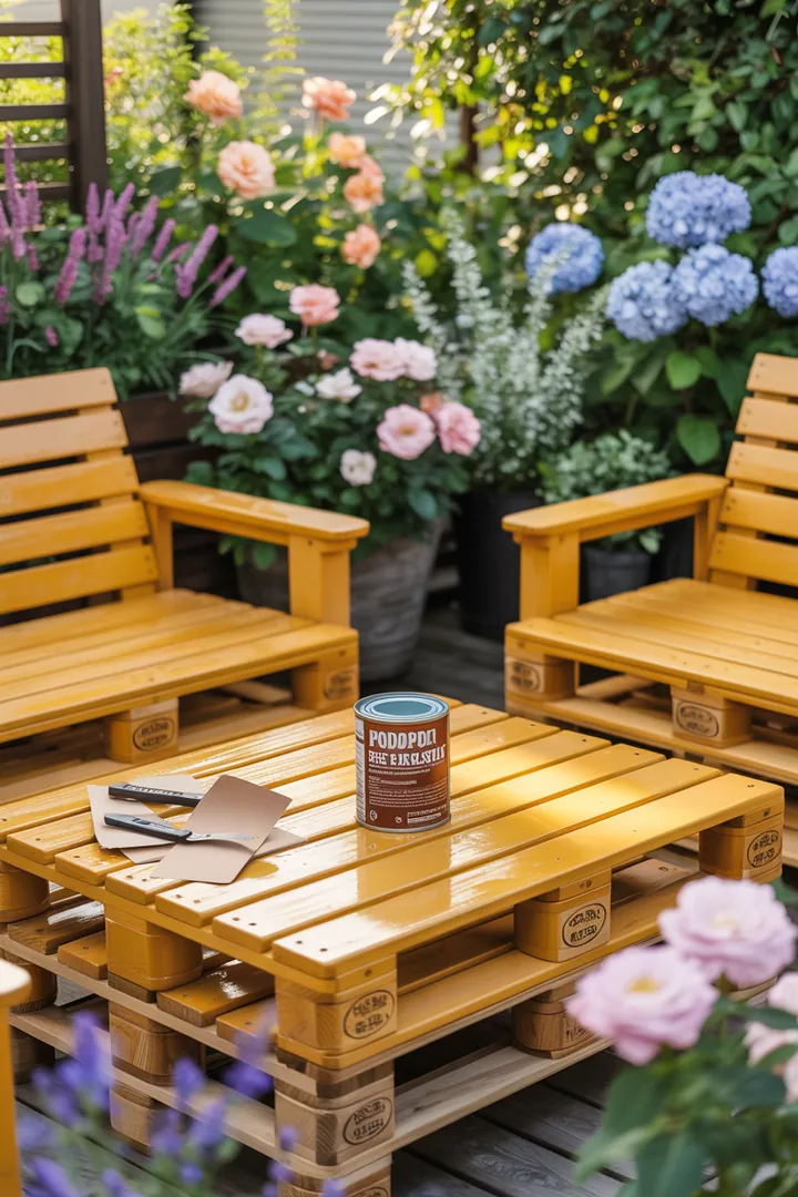 Kreative Möbel aus wiederverwendeten Holzpaletten für den Garten, ideal für DIY-Projekte im Bereich Upcycling und nachhaltige Gestaltung.