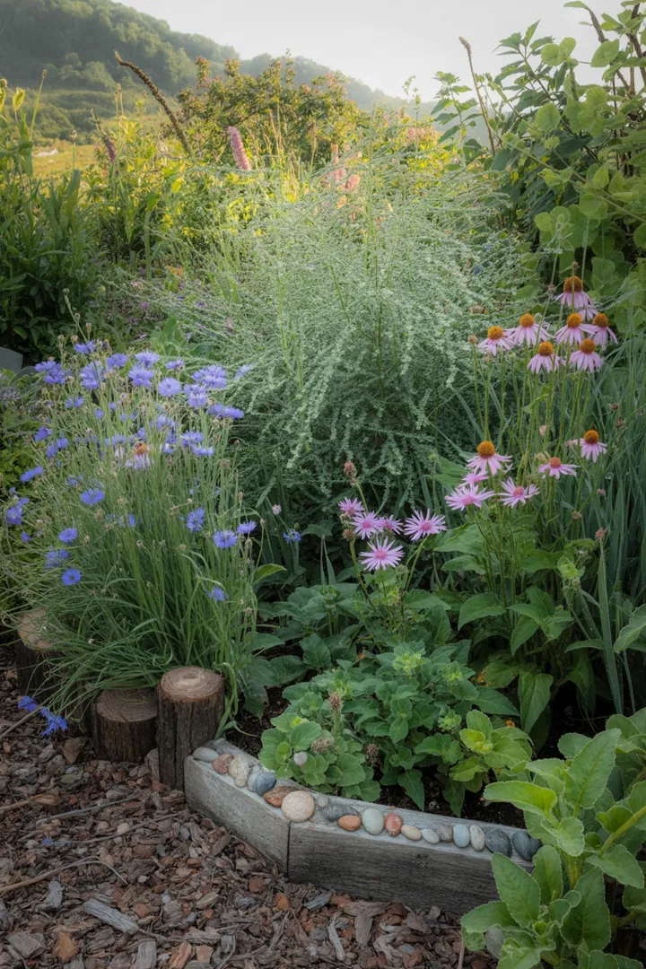 Bunte Mischung aus natürlichen Pflanzen und Gräsern entlang einer gepflegten Rasenkante, umgeben von Mulch und einer effektiven Schneckenbarriere.