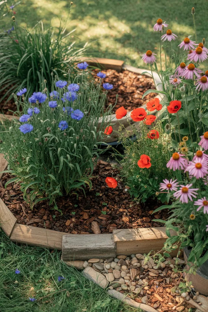 Ein malerischer Gartenbereich mit bunten Pflanzen, vielfältigen Gräsern und einer natürlichen Rasenkante aus Mulch, der als Schneckenbarriere dient. Ideal für die Aussaat von Wildblumensamen.