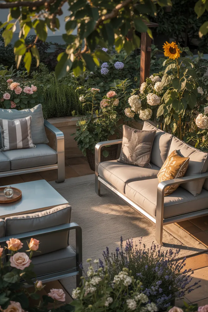 Elegante Outdoor-Möbel aus erstklassigen Materialien, kombiniert aus rostfreiem Metall und Aluminium, für stilvolle Garten-Entspannung.