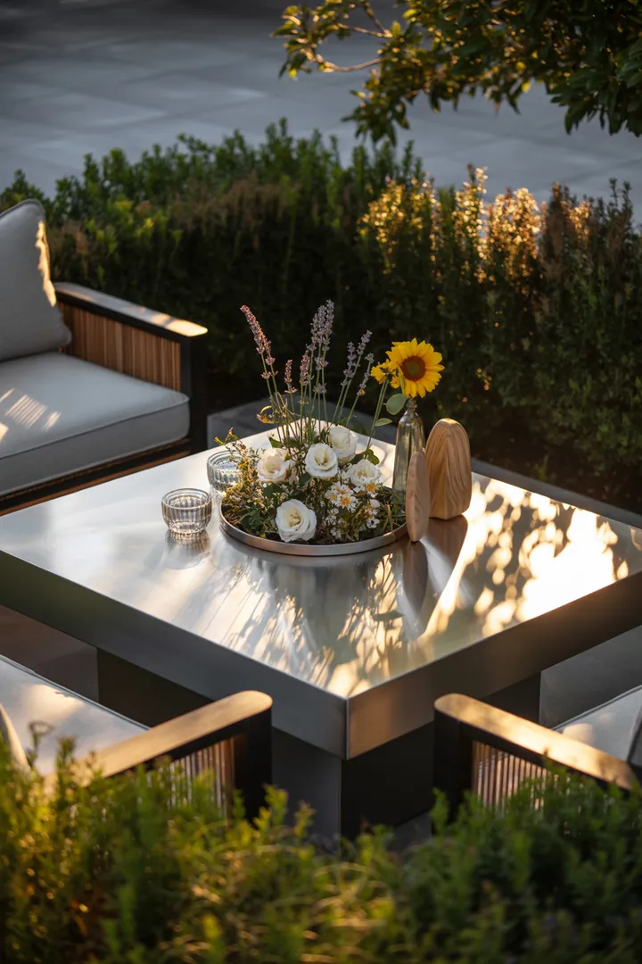 Elegante Sitzgruppe aus erstklassigen Materialien, kombiniert aus rostfreiem Metall und Aluminium, ideal für stilvolle Außenbereiche.