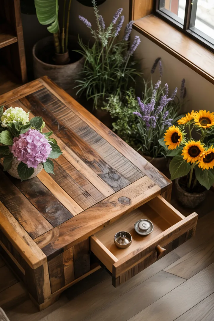 Rustikales Möbelstück aus recyceltem Holz, das durch Upcycling-Techniken entsteht und natürliche Materialien harmonisch kombiniert.