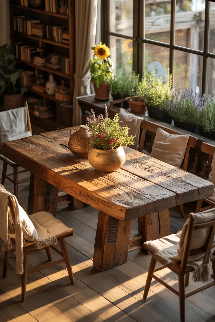 Rustikales Holzdesign aus recycelten Materialien, das durch Upcycling alte Balken in einzigartige Möbel verwandelt und die Natur ins Zuhause bringt.