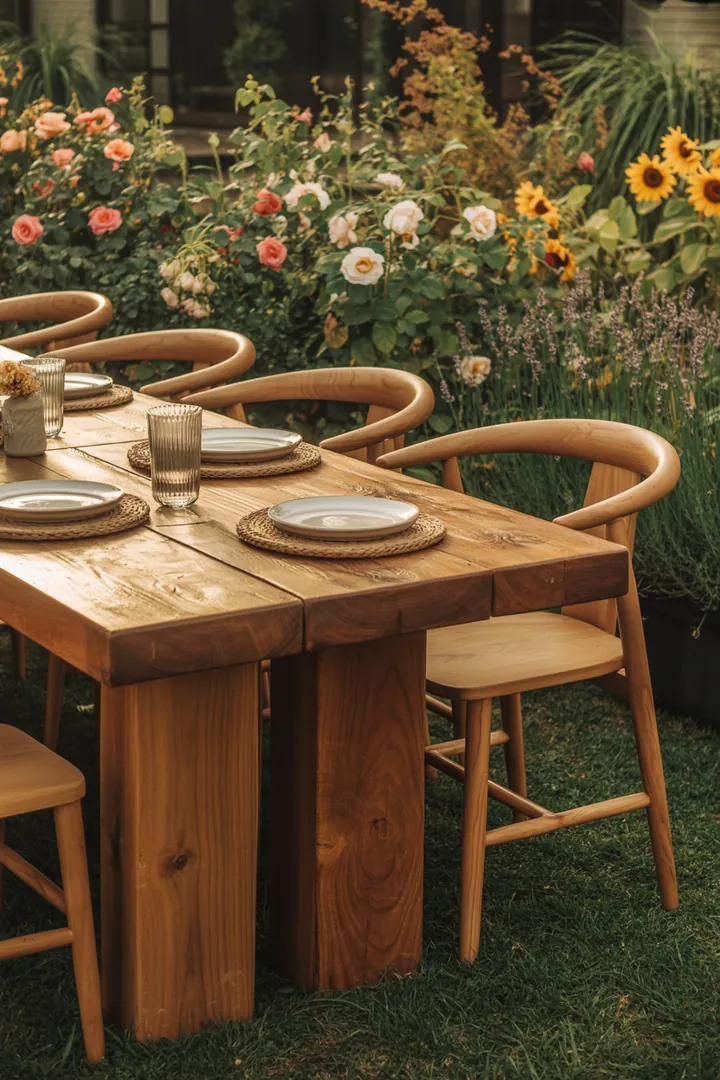 Rustikale Holzmöbel aus recycelten Balken, die durch kreatives Upcycling ein einzigartiges Naturdesign erhalten haben. Ideal für nachhaltige Einrichtung.