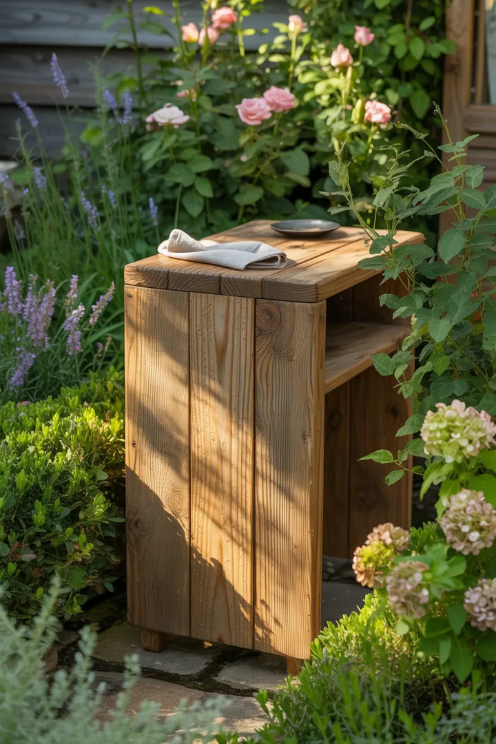 Rustikales Möbelstück aus recyceltem Holz, das durch kreatives Upcycling zum Blickfang wird; natürliche Ästhetik und individuelles Design.