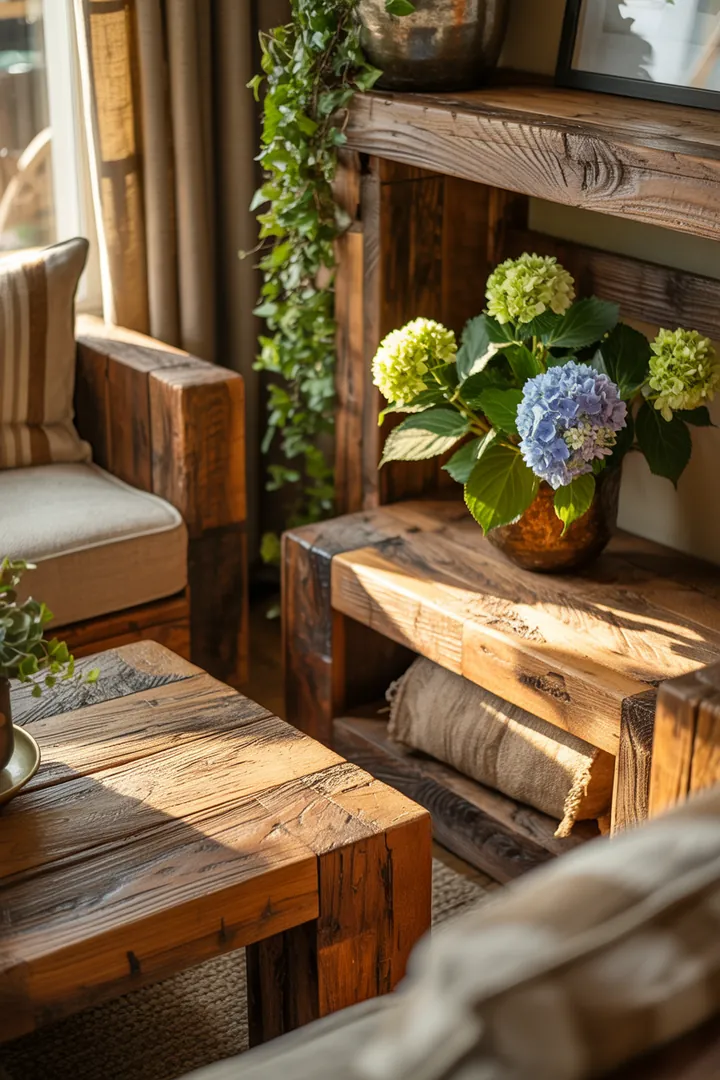 Rustikales Holzdesign aus recycelten Materialien, das durch Upcycling neue Naturmöbel kreiert und gleichzeitig nachhaltige Wohnideen fördert.