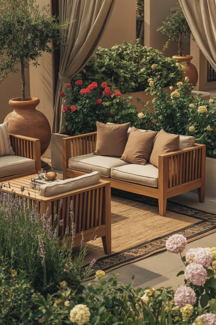 Elegante Sitzgruppe für den Außenbereich mit modernem Stil, ideal für entspannte Stunden im Freien, robust und wetterbeständig.