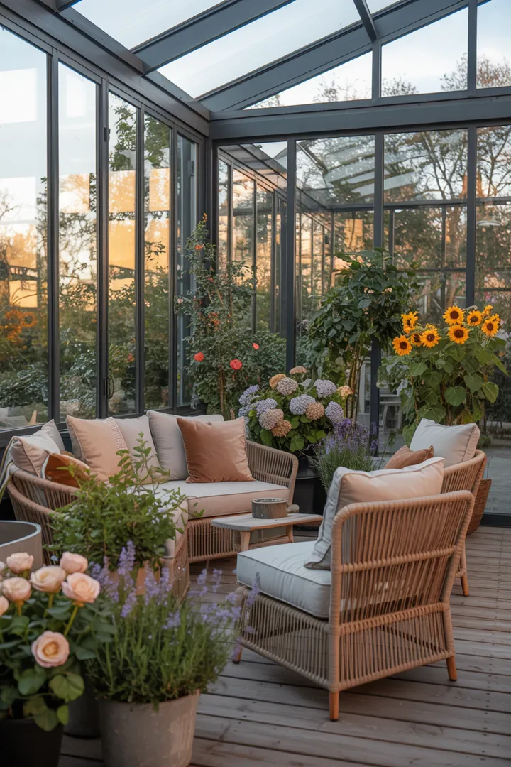 Stylische Loungemöbel aus Polyrattan für eine elegante Wintergarten-Einrichtung, die Innen- und Außenbereiche harmonisch verbindet und den verglasten Raum optimal nutzt.