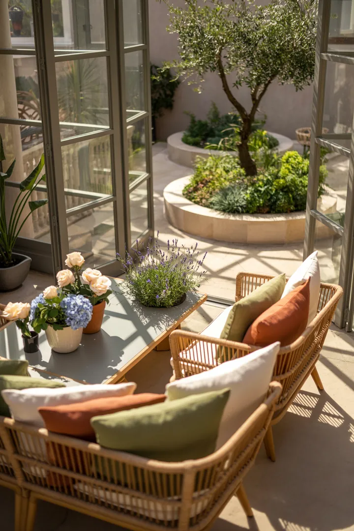 Elegante Loungemöbel aus Polyrattan für die stilvolle Einrichtung eines verglasten Gartens, ideal für den Innen- und Außenbereich im Wintergarten.