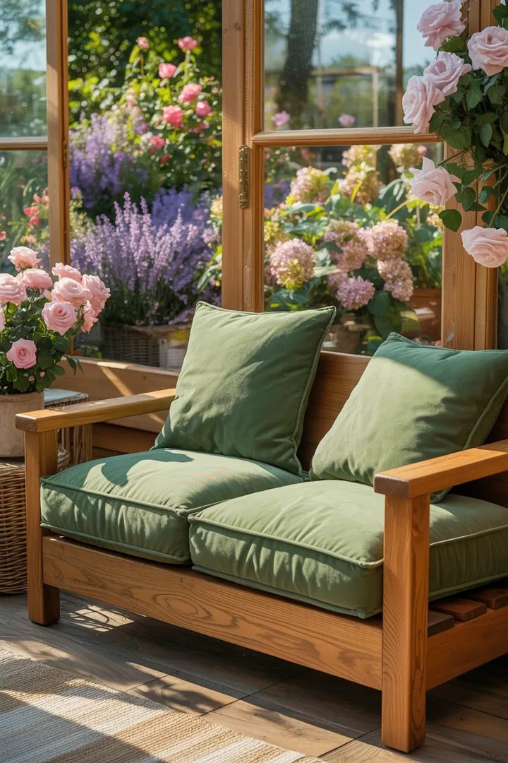 Gemütlicher Rückzugsort mit stilvollen Möbeln aus Polyrattan, ideal für die harmonische Verbindung von Innen- und Außenbereich in einem verglasten Garten.