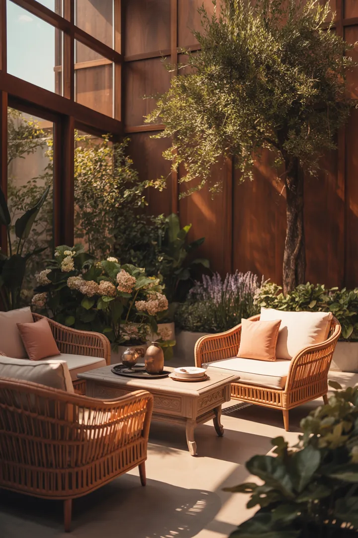 Gemütliche Loungemöbel aus Polyrattan in einer stilvollen Wintergarten-Einrichtung, ideal für drinnen und draußen, umgeben von lichtdurchfluteter Verglasung.