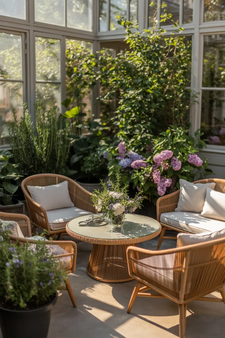 Gemütliche Möbel aus Polyrattan für die stilvolle Einrichtung eines verglasten Gartens, ideal für entspannte Stunden drinnen und draußen.