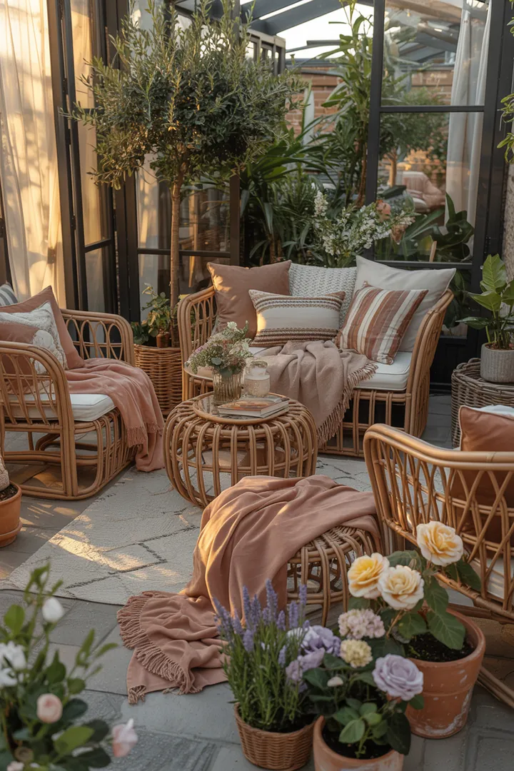 Gemütliche Loungemöbel aus Polyrattan in einem stilvollen Verglasungsgarten, ideal für die harmonische Wintergarten-Einrichtung und perfekte Innen-Außen-Nutzung.